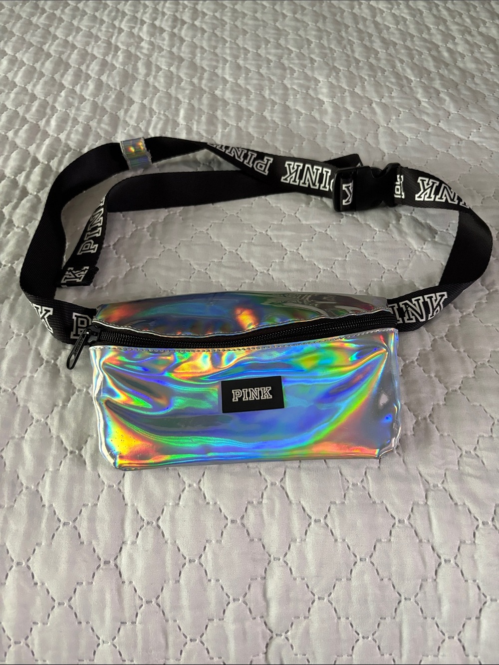 PINK Iridescent Holographic Waist Bag with Black Strap